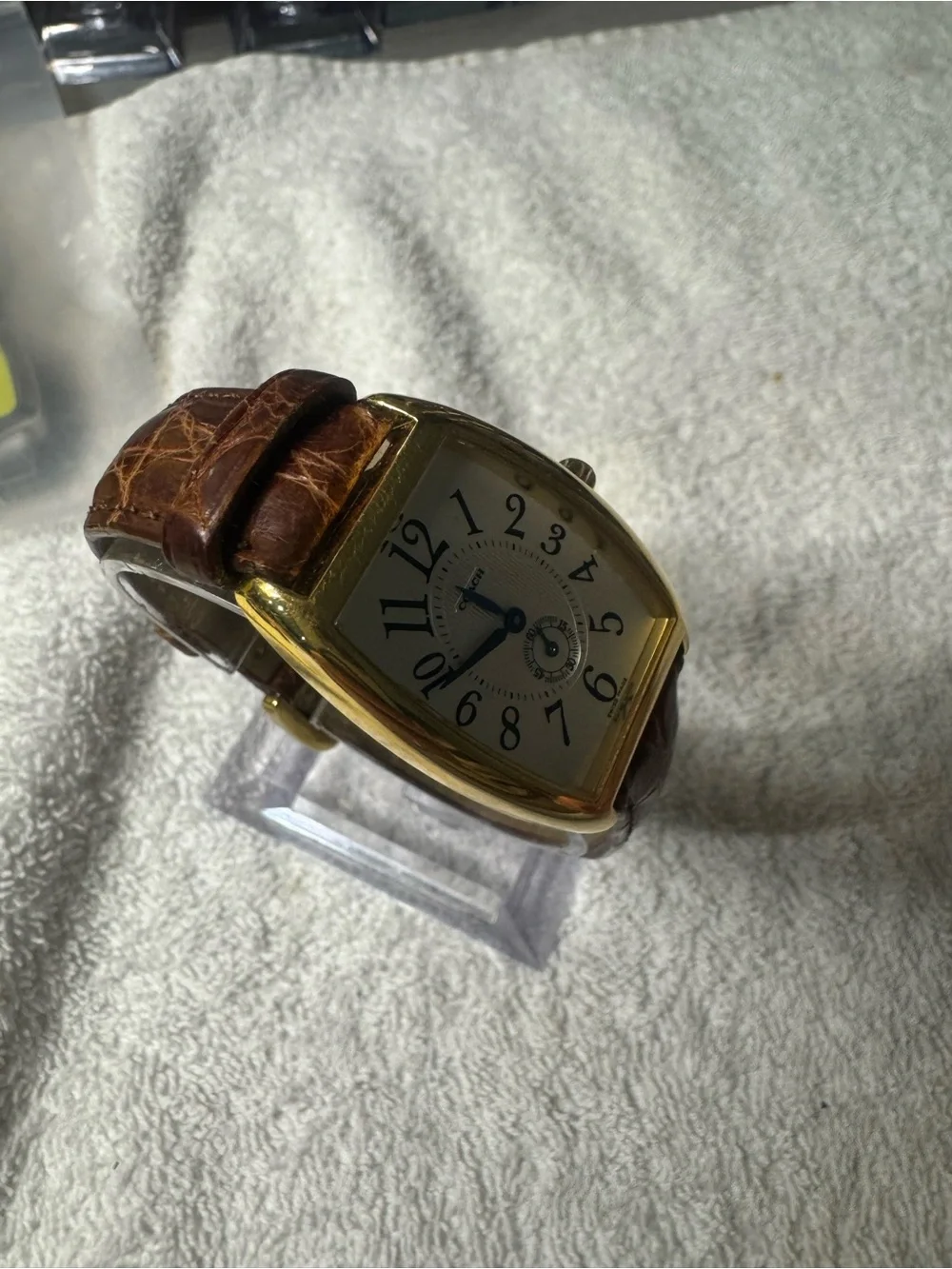 Coach Gold-Tone Tonneau Watch with Brown Leather Strap and Silver Dial
